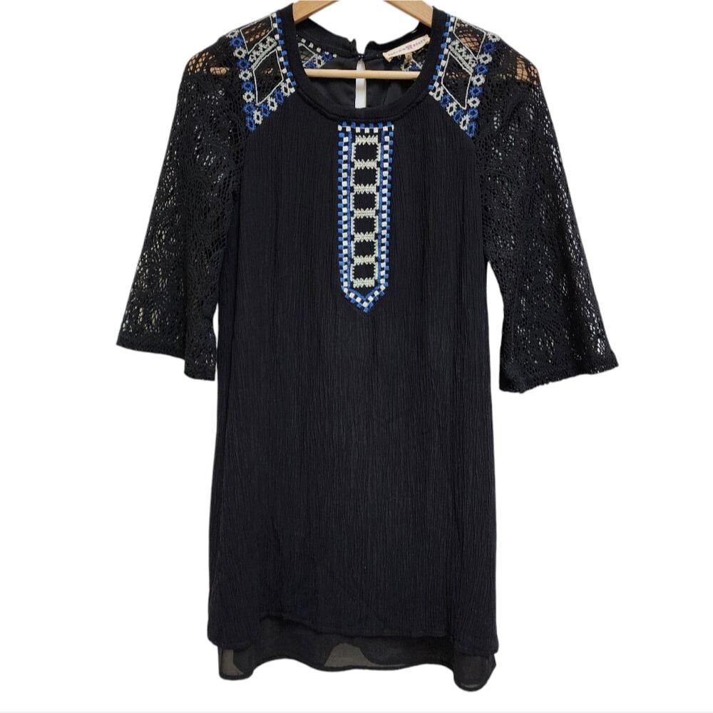 Altar'd State Dress M Black Linen Blend Blue Embroider 3/4 Lace Tribal Crinkle